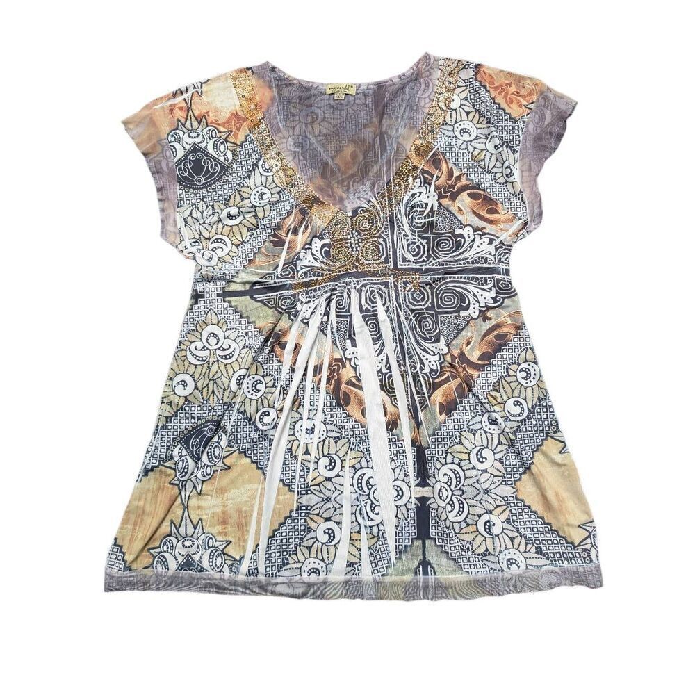 One World  Multicolor Boho Print Embellished Scoop Neck Blouse Women's Plus Size
